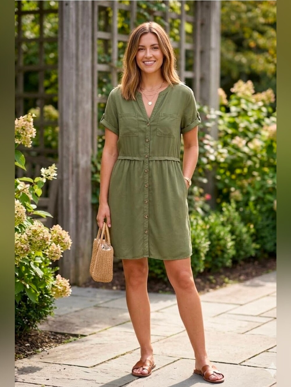 Nicole Miller NY Olive Army Green Button Down Utility Shirt Dress - Size L